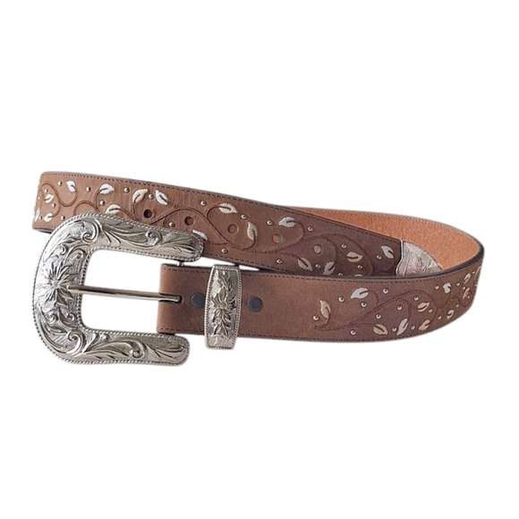 3D Ladies Silver Stud and Embroidered Leaf Embellished Leather Western Belt 36
